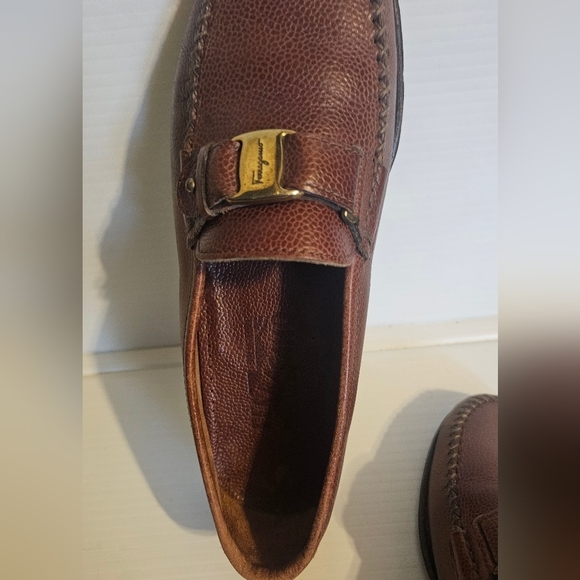 Salvatore Ferragamo Embossed Brown Leather Gancini Loafer Slip-On Buckle Men 6,5 - Picture 5 of 11